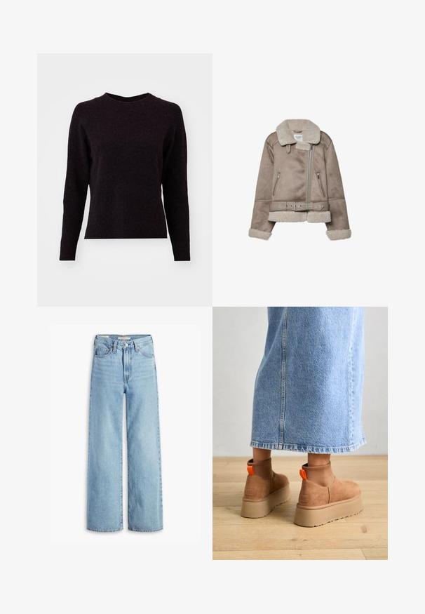Bež jakna od ovčjeg krzna s širokim ovratnikom, zatvaranjem na patentni zatvarač, dva prednja džepa i remenom. Podstava od flisa i teksturirani finiš.; Tamno sivi pleteni pulover s dugim rukavima, okruglim izrezom i rebrastim rubom. Mekana tekstura, jednostavan dizajn i bez vidljivih uzoraka ili detalja.; Farmerke s visokim strukom, svijetloplave boje, širokih nogavica, s prednjim gumbom i patentnim zatvaračem, petljama za pojas i stilizacijom s pet džepova.; Smeđe suede platform čizme s elastičnim bočnim panelima i narančastim vučnim trakama, uparenim s suknjom od svijetlog denima do koljena na drvenom podu.