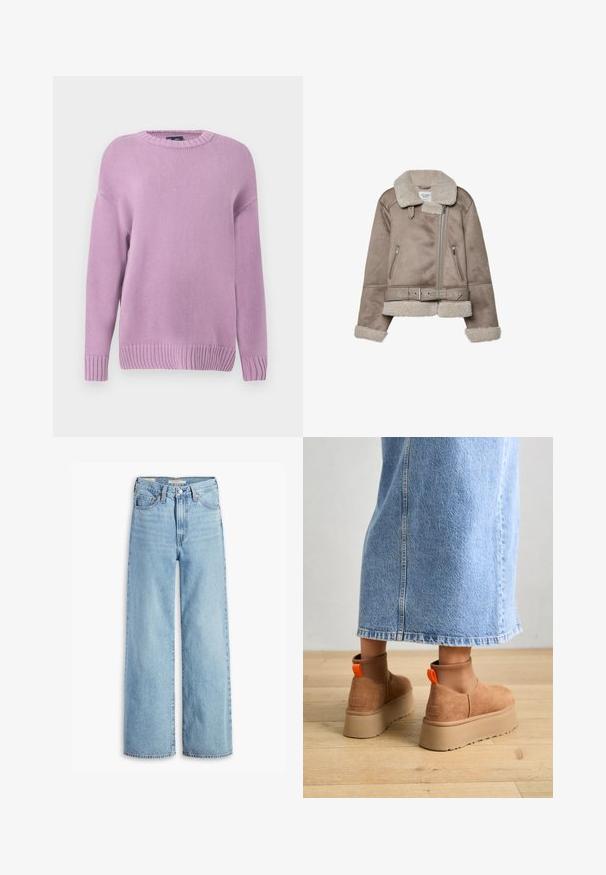 Beige Schaffelljacke mit breitem Kragen, Reißverschluss, zwei vorderen Taschen und einem Gürtel. Fleece-Futter und strukturierte Oberfläche.; Lavendelfarbenes Strickoberteil mit Rundhalsausschnitt, langen Ärmeln, gerippten Bündchen und Saum, das eine strukturierte, weiche Oberfläche aufweist.; Hochgeschnittene, hellblaue Schlagjeans mit Frontknopf und Reißverschluss, Gürtelschlaufen und fünf Taschen.; Braune Wildleder-Plateau-Stiefel mit elastischen Seitenpaneelen und orangen Zuglaschen, kombiniert mit einem knielangen hellen Jeansrock auf einem Holzboden.