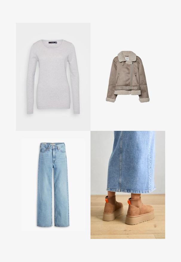 Giacca in shearling beige con ampio colletto, chiusura con zip, due tasche frontali e cintura. Fodera in pile e finitura testurizzata.; Maglione grigio chiaro a maniche lunghe realizzato in tessuto a maglia testurizzato, con scollatura a girocollo e polsini a costine. Design semplice e privo di ornamenti.; Jeans a vita alta, blu chiaro, con gamba larga, chiusura anteriore con bottone e zip, passanti per cintura e stile a cinque tasche.; Stivali platform in suede marrone con pannelli laterali elastici e linguette arancioni, abbinati a una gonna di jeans chiara, lunga fino al ginocchio, su un pavimento di legno.