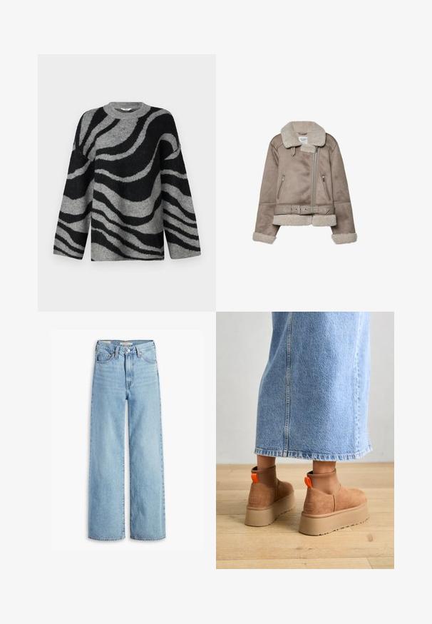 Beige schapenvachtjack met een brede kraag, ritsluiting, twee voorzakken en een riem. Voering van fleece en een gestructureerde afwerking.; Grijze en zwarte trui met een zebrapatroon, gemaakt van zacht materiaal met een ronde halslijn en brede mouwen.; Lichtblauwe, hoge taille, wijde jeans met een voorste knoop en ritssluiting, riemlussen en vijf zakken.; Bruine suède platformlaarzen met elastische zijkanten en oranje trekbandjes, gecombineerd met een lichtdenim rok tot de knie op een houten vloer.