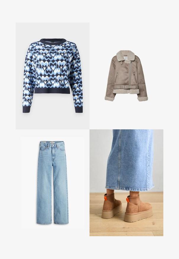 Giacca in shearling beige con ampio colletto, chiusura con zip, due tasche frontali e cintura. Fodera in pile e finitura testurizzata.; Maglione blu navy con un motivo di cuori intrecciati in azzurro chiaro e bianco, stile cropped con colletto a giro e polsini a coste.; Jeans a vita alta, blu chiaro, con gamba larga, chiusura anteriore con bottone e zip, passanti per cintura e stile a cinque tasche.; Stivali platform in suede marrone con pannelli laterali elastici e linguette arancioni, abbinati a una gonna di jeans chiara, lunga fino al ginocchio, su un pavimento di legno.