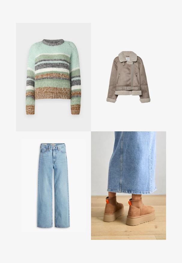 Beige shearling-takki, jossa on leveä kaulus, vetoketjusuljenta, kaksi etutaskua ja vyö. Fleecellä vuorattu ja teksturoitu pinta.; ONLY ONLALYSSA LIFE O NECK - Neule - magnet/aqua gray/cloud dancer/hedge green; Korkeavyötäröiset, vaaleansiniset levenevät farkut, joissa on etupainike ja vetoketju, vyölenkit ja viisi taskua.; Ruske mokasine z platformo in elastiko na straneh ter oranžnimi zategovalnimi trakovi, v kombinaciji z osnovno dolžino svetle denim krila na lesenem podu.