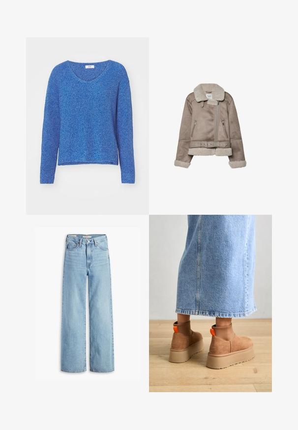 Bežični plašč iz ovčje kože s širokim ovratnikom, zadrgo, dvema sprednjima žepoma in pasom. Podloga iz flisa in teksturirana površina.; Modra pletena jopica z V-izrezom, dolgimi rokavi in ohlapnim krojem. Tekstura je mehka z malo odprto tkanino. Znamka vidna pri izrezu.; Visoke svetlo modre široke hlače z visokim pasom, z gumbom in zadrgo spredaj, z zankami za pas in petimi žepi.; Rjave suede platform čizme z elastičnimi stranskimi paneli in oranžnimi zankami, v kombinaciji s svetlobno denim krilom do kolen na lesenem tleh.