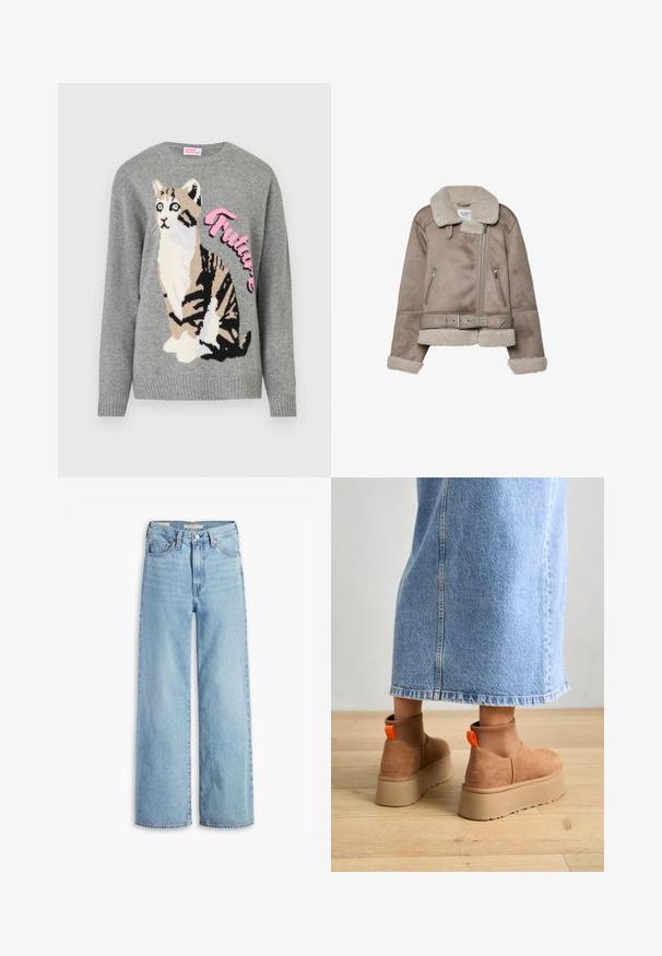 Beige shearling-jakke med bred krave, lynlås, to frontlommer og bælte. Fleece-foring og struktureret finish.; Grå strikket sweater med en kattegrafik i sort og beige, med ordet "Future" i pink henover fronten.; Højtaljede, lyseblå, vide bukser med knap og lynlås fortil, bæltestropper og fem lomme-stil.; Brune ruskinds platform støvler med elastiske sidepaneler og orange trækstropper, parret med en knælang lys denimnederdel på et trægulv.