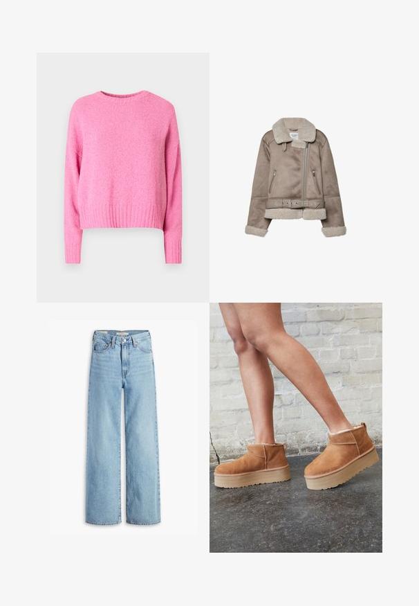 Bežični plašč iz ovčje kože s širokim ovratnikom, zadrgo, dvema sprednjima žepoma in pasom. Podloga iz flisa in teksturirana površina.; Roza pletena jopica s okroglim izrezom, rebrastim robom in dolgimi rokavi. Tkanina ima mehak, strukturiran videz.; Visoke svetlo modre široke hlače z visokim pasom, z gumbom in zadrgo spredaj, z zankami za pas in petimi žepi.; Rjavi semiš škornji do gležnjev s puhastim podlogo, debelim bež platformnim podplatom in zanko na zadnji strani. Teksturirana površina z vidnimi šivi.