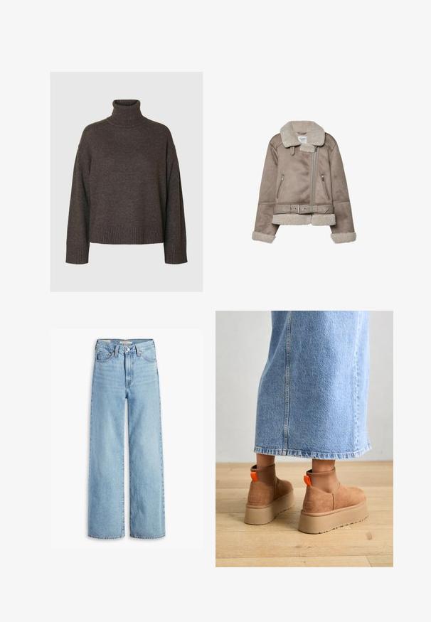 Beżowa kurtka z barankiem, z szerokim kołnierzem, zapięciem na zamek, dwoma przednimi kieszeniami i paskiem. Podszewka z polarowego materiału i fakturowane wykończenie.; Ciemnobrązowy sweter z golfem, miękka dzianina, szerokie rękawy, ściągacze przy mankietach i na dole, luźny krój, minimalistyczny design, brak wzorów i dodatków.; Jeansy o wysokim stanie, jasnoniebieskie, szerokie nogawki, z przednim guzikiem i zamkiem błyskawicznym, pętelkami na pasek oraz pięcioma kieszeniami.; Brązowe zamszowe buty na platformie z elastycznymi bokami i pomarańczowymi uchwytami, w połączeniu z jasnoniebieską spódnicą do kolan na drewnianej podłodze.