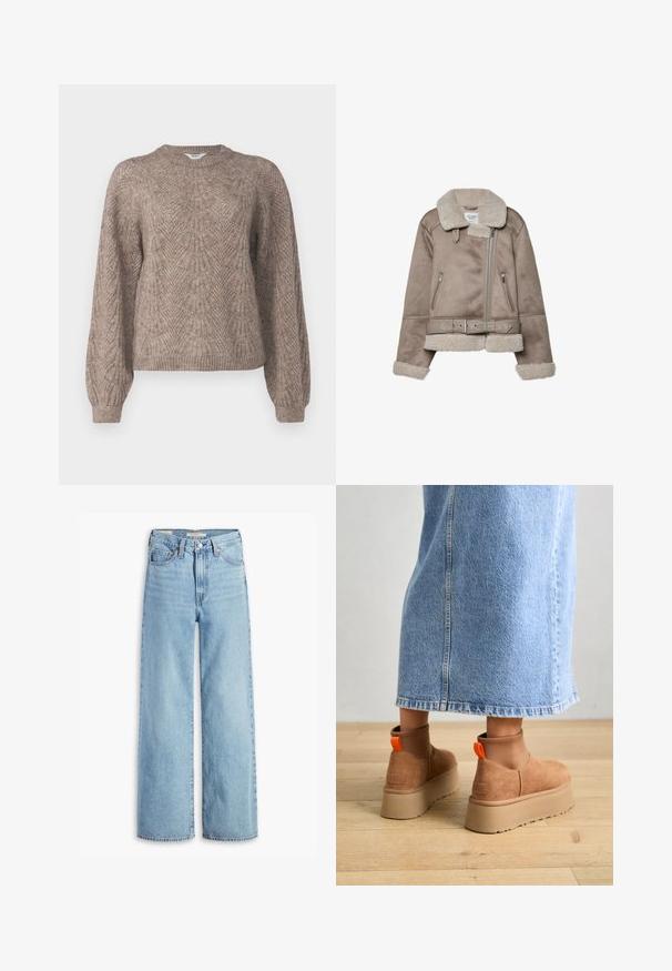 Beige schapenvachtjack met een brede kraag, ritsluiting, twee voorzakken en een riem. Voering van fleece en een gestructureerde afwerking.; Lange mouwen, lichtgewicht sweater in een beige-bruin tint. Beschikt over een gestructureerd patroon met een ronde halslijn en geribbelde mouwen en zoom.; Lichtblauwe, hoge taille, wijde jeans met een voorste knoop en ritssluiting, riemlussen en vijf zakken.; Bruine suède platformlaarzen met elastische zijkanten en oranje trekbandjes, gecombineerd met een lichtdenim rok tot de knie op een houten vloer.