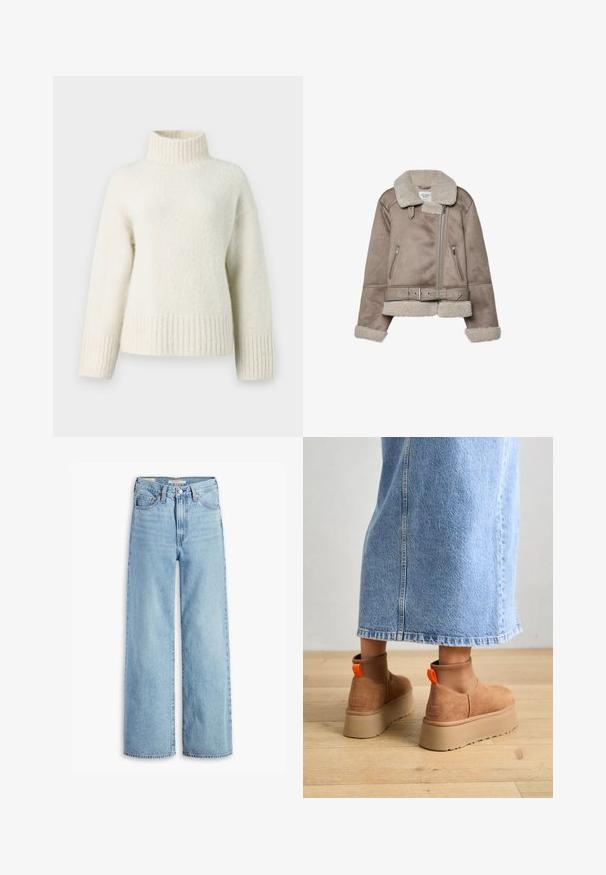 Beige ušlechtilecká bunda z ovčí vlny s širokým límcem, zipovým uzavřením, dvěma předními kapsami a páskem. Hřejivá fleece podšívka a texturovaný povrch.; Krémový pletený svetr s vysokým stojáčkem, spadlými rameny a žebrovanými manžetami a lemem. Měkká, strukturovaná tkanina poskytuje teplo.; Světle modré volné džíny s vysokým pasem, předním knoflíkem a zipem, poutky na opasek a designem s pěti kapsami.; Hnědé semišové platformové boty s elastickými bočními panely a oranžovými poutky, spárované s sukní z jasného denimu ke kolenům na dřevěné podlaze.