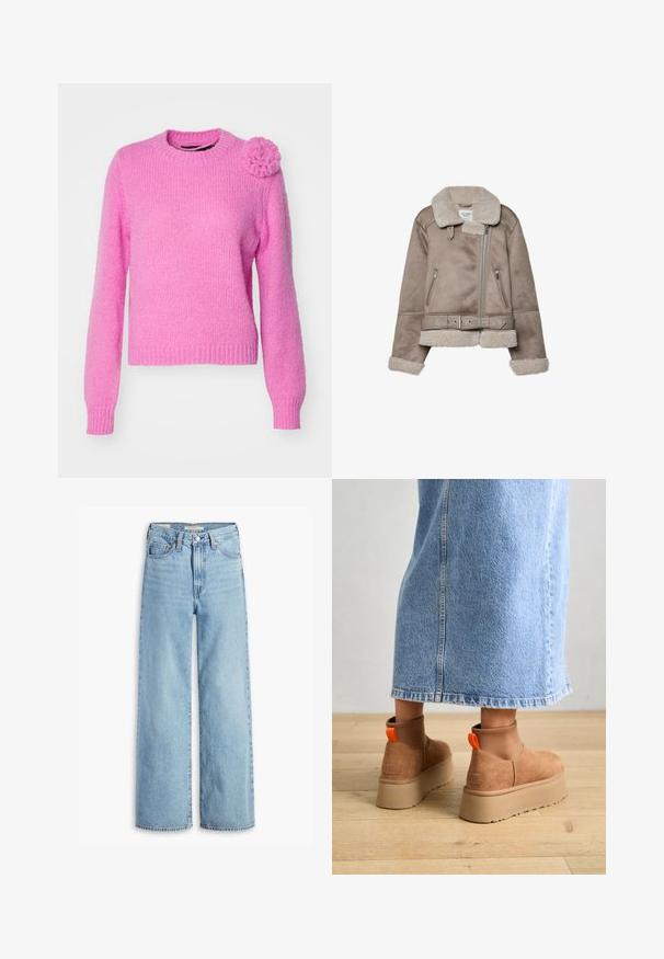 Giacca in shearling beige con ampio colletto, chiusura con zip, due tasche frontali e cintura. Fodera in pile e finitura testurizzata.; Vero Moda VMADIA ONECK FLOWER - Maglione - fuchsia pink; Jeans a vita alta, blu chiaro, con gamba larga, chiusura anteriore con bottone e zip, passanti per cintura e stile a cinque tasche.; Stivali platform in suede marrone con pannelli laterali elastici e linguette arancioni, abbinati a una gonna di jeans chiara, lunga fino al ginocchio, su un pavimento di legno.
