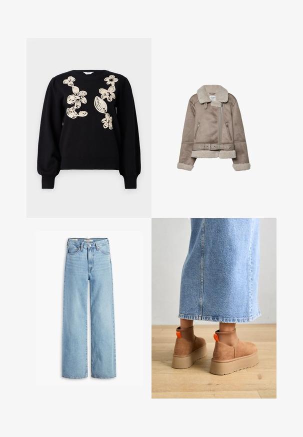 Veste en shearling beige avec un large col, fermeture zippée, deux poches avant et une ceinture. Doublure en polaire et finition texturée.; Pull noir à manches longues et bouffantes avec un col rond. Présente des motifs abstraits brodés beiges sur le devant. Tissu doux et texturé.; Jean large taille haute en denim bleu clair avec fermeture à bouton et zip à l'avant, passants de ceinture et cinq poches.; Bottes en suède brun à plateforme avec des panneaux latéraux élastiques et des languettes orange, associées à une jupe en denim clair arrivant au genou sur un sol en bois.