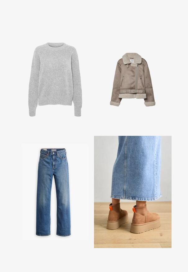 Beige Schaffelljacke mit breitem Kragen, Reißverschluss, zwei vorderen Taschen und einem Gürtel. Fleece-Futter und strukturierte Oberfläche.; Grauer Strickpullover mit langen Ärmeln, Rundhalsausschnitt, gerippten Bündchen und Saum, mit weicher Textur und lockerer Passform.; Hellblaue Jeans aus Denim mit hoher Taille, weitem Bein, klassischem Fünf-Taschen-Design und subtilen Verwaschungen im Stoff.; Braune Wildleder-Plateau-Stiefel mit elastischen Seitenpaneelen und orangen Zuglaschen, kombiniert mit einem knielangen hellen Jeansrock auf einem Holzboden.