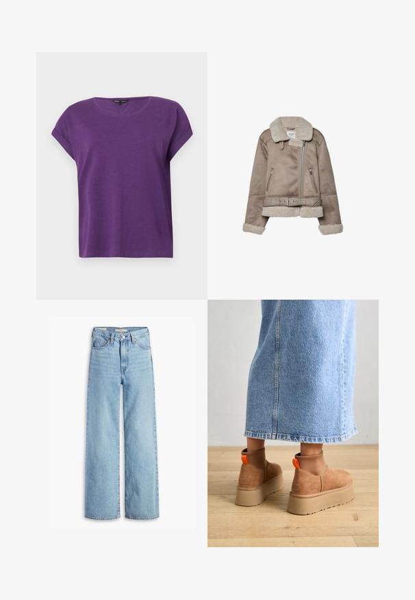 Bežični plašč iz ovčje kože s širokim ovratnikom, zadrgo, dvema sprednjima žepoma in pasom. Podloga iz flisa in teksturirana površina.; ONLY MOSTER O-NECK - Bluza - imperial purple; Visoke svetlo modre široke hlače z visokim pasom, z gumbom in zadrgo spredaj, z zankami za pas in petimi žepi.; Rjave suede platform čizme z elastičnimi stranskimi paneli in oranžnimi zankami, v kombinaciji s svetlobno denim krilom do kolen na lesenem tleh.