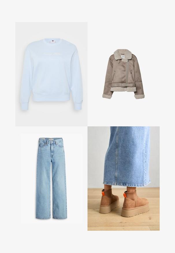 Beige shearling jacket with a wide collar, zip closure, two front pockets, and a belt. Fleece lining and textured finish.; Light blue crewneck sweatshirt made of soft fabric. Features embroidered "Tommy Hilfiger" logo in white, ribbed cuffs, and hem.; High-waisted, light blue wide-leg jeans with front button and zipper, belt loops, and five-pocket styling.; Brown suede platform boots with elastic side panels and orange pull tabs, paired with a knee-length light denim skirt on a wooden floor.