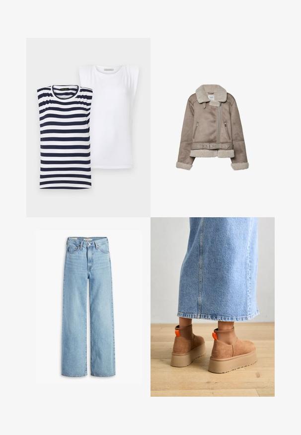 Béžová kožušinová bunda s širokým golierom, zipsovým zapínaním, dvoma prednými vreckami a opaskom. S fleecovou podšívkou a štruktúrovaným povrchom.; Dva dámske topy: jeden pruhovaný v námorníckej modrej a bielej farbe, druhý jednoduchý biely. Obe majú okrúhly výstrih a krátke rukávy, vyrobené z jemnej bavlny.; Svetlomodré široké nohavice s vysokým pásom, predným gombíkom a zipsom, pútka na opasok a štýl s piatimi vreckami.; Hnedé zamskové platformové čižmy s elastickými bočnými panelmi a oranžovými ťahákmi, v kombinácii s sukňou z ľahkého denimu po kolená, na drevenej podlahe.