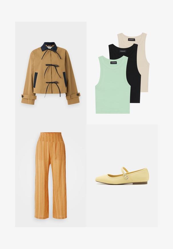 Tan cropped jacket with a navy collar and accents, featuring three front ties and buttoned cuffs. Smooth fabric with a structured design.; Three tank tops in mint green, black, and beige; made of ribbed fabric with a round neckline and no sleeves. Brand label visible.; Wide-leg pants in a bright orange color with vertical white stripes. Features a smocked waistband and lightweight, textured fabric.; Yellow leather ballet flats with a rounded toe, ankle strap and buckle, flat sole with a slight heel, and smooth texture.