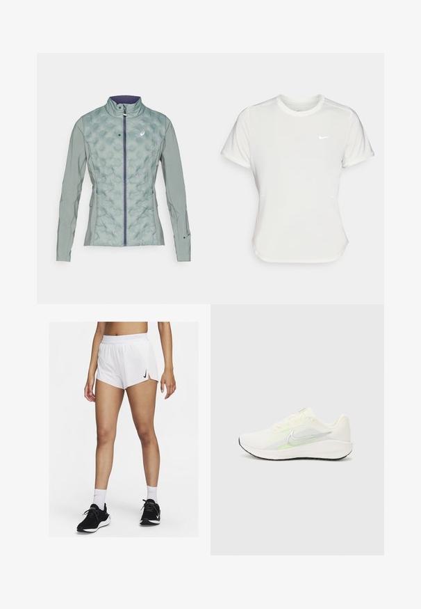 Light green jacket with a quilted texture on the front and smooth fabric on the sleeves, featuring a high collar and zipper closure.; Nike T-shirt in white, short sleeves, round neckline, made from a smooth, lightweight fabric. Features a subtle logo on the chest.; White athletic shorts with a ribbed waistband, side slits, and a black Nike logo. Worn with black sneakers and white crew socks.; Nike Performance DOWNSHIFTER 13 - Road running shoes - sail/silver-coloured photon dust/summit white/barely volt/black