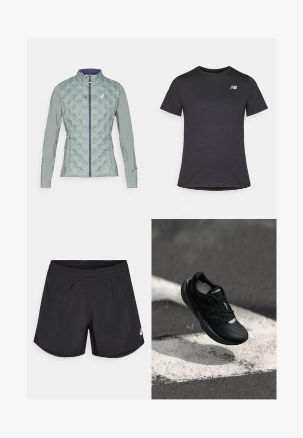 Lys grøn jakke med en quiltet tekstur på forsiden og glat stof på ærmerne, der har en høj krave og lynlåslukning.; Sort kortærmet t-shirt lavet af blødt stof, med et lille gråt New Balance-logo på den øverste venstre bryst, klassisk crew neck design.; Sorte atletiske shorts med elastisk talje, glat tekstur og diskrete sideslidser. Har et lille hvidt logo nederst til højre.; Sort løbesko med et tekstureret overdel, strømlinet design og reflekterende detaljer. Har en blød, polstret sål for komfort.