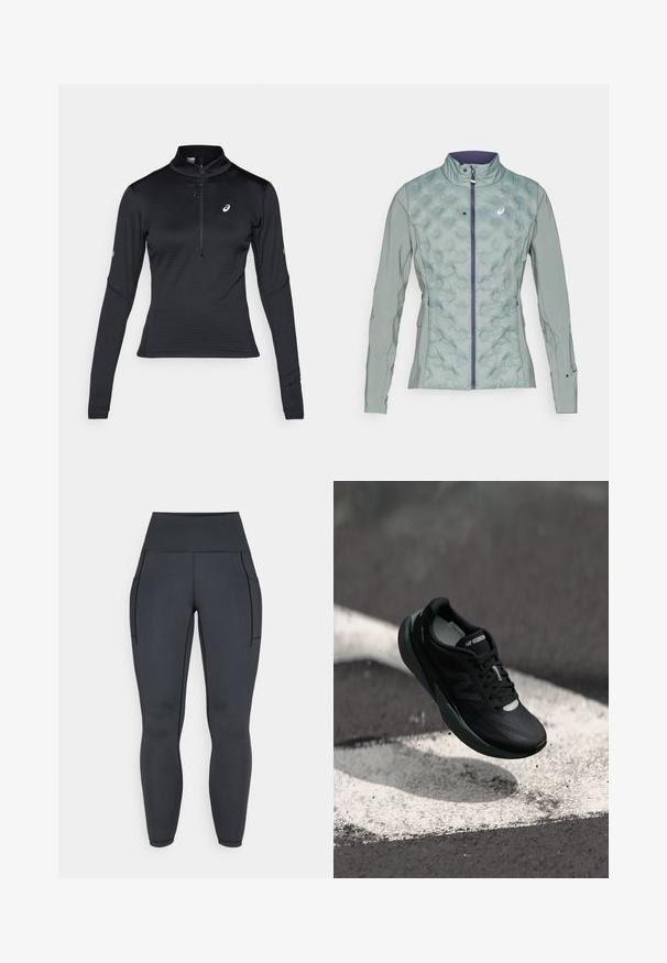Giacca verde chiaro con una texture trapuntata sul davanti e tessuto liscio sulle maniche, caratterizzata da un colletto alto e chiusura a zip.; Maglietta sportiva nera a maniche lunghe con collo a metà zip, tessuto testurizzato, vestibilità slim e logo sul petto e sulla manica. Presenta cuciture piatte.; Leggings neri a vita alta realizzati in un tessuto elastico e morbido. Presentano due tasche laterali e cuciture a contrasto lungo le cuciture.; Scarpa da corsa nera con una tomaia testurizzata, design elegante e dettagli riflettenti. Presenta una suola morbida e ammortizzata per il comfort.