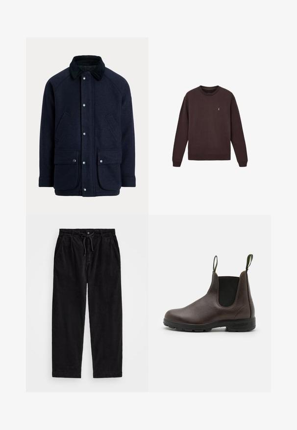 Mornarsko plavi kaput od teksturirane tkanine s ovratnikom od manšestre, kopčama na drukere i dva prednja džepa za praktičnost.; Tamno smeđi dukserica izrađena od mekog materijala, s okruglim izrezom, dugim rukavima i malim izvezenim logom na grudima.; Crne kordura hlače s opuštenim krojem, koje sadrže elastičnu gumicu s vezicom i bočne džepove. Tkanina pokazuje rebrastu teksturu.; Smeđi kožni chelsea čizme s elastičnim bočnim panelima, povlačnim trakama na vrhu i izdržljivom gumenom potplatu, s glatkom završnom obradom.