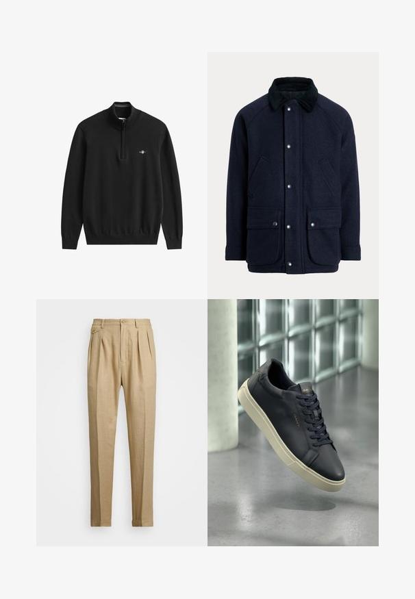 Tengerészkék kabát texturált anyagból, kordbársony gallérral, patentos gombokkal és két első zsebbel a praktikusság érdekében.; Fekete, negyedcipzáras pulóver, puha kötött anyagból. Bordázott gallérral, mandzsettával és szegéllyel, a mellrészen kis logóval.; Beige vászon nadrág egyenes szabással, két első redővel, gombos záródással és oldalzsebekkel. Tömör textúrájú anyag sima felülettel.; Tengerészeti bőr sportcipő lekerekített orral, lapos fűzőkkel és textúrázott talppal; a nyelvén logó található, amelyet egy krémszínű talp kontrasztál.