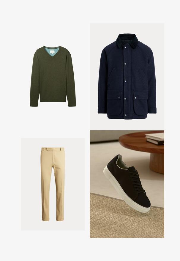 Mörkblå kappa i texturerat tyg med manchesterrygg, tryckknappar och två framfickor för praktisk användning.; TOM TAILOR MIT V-AUSSCHNITT - Stickad tröja - rosin green melange; Khaki chinos tillverkade av slät bomullstyg, med en figurnära design, framfickor, och manschetter vid ankeln för en avsmalnande look.; Svart sneakers med vit sula svävande över en beige texturerad matta nära ett runt träbord med staplade böcker.