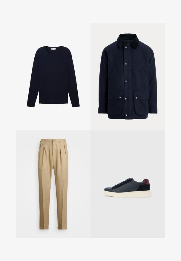 Tamsiai mėlynas paltas iš tekstūruotos medžiagos su korduro apykakle, spaudžiamais mygtukais ir dviem priekinėmis kišenėmis praktiškumui.; Mėlynas džemperis ilgomis rankovėmis, pagamintas iš tekstūruotos medžiagos, su apvaliu iškirpimu ir tiesiu kraštu. Subtilus prekinis ženklas netoli krašto.; Bežinės lininės kelnės tiesaus kirpimo, turinčios dvi priekinės klostes, sagų užsegimą ir šonines kišenes. Tekstūruotas audinys su lygiu paviršiumi.; Juodos odinės ir zomšinės vyriškos žemos sportinės avalynės su bordo spalvos kulkšnių juostele ir balto kaučiuko padu vaizdas iš išorės.