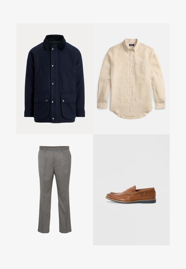 Tumesinine mantel tekstuurse kangaga, millel on tuhmlise kraega, trukkidega ja kaks eesmist taskut praktilisuse tagamiseks.; Beežika pika varrukaga nööpidega särk valgete vertikaalsete triipudega, nööbitava krae, rinnatasku ja krae sees oleva "Polo Ralph Lauren" sildiga.; Hallide triibulised püksid, millel on volditud esiosa ja mis on valmistatud kergest kangast. Pükstel on traditsioonilised kaldus taskud ja sirge sääre lõige.; Prunadest nahkkingad ümmarguse varbaga, õmmeldud detailide ja madala kummitaldaga. Disain sisaldab riba üleval.