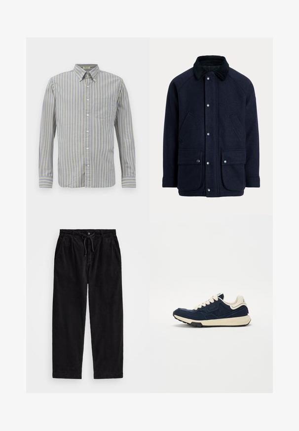 Tummansininen takki, joka on valmistettu teksturoidusta kankaasta. Siinä on puuvillakaulus, painonapit ja kaksi käytännöllistä etutaskua.; Nappipaita sinisessä kankaassa, jossa on ohuet keltaiset raidat. Paitassa on kaulus, pitkät hihat ja rintatasku. Valmistettu valkoisista nappeista.; Mustat corduroy-housut rento istuvuus, jossa on elastinen vyötärö ja kiristysnarut, sekä sivutaskut. Kangas näyttää railoa tekstuuria.; Tummansininen lenkkari, jossa on teksturoitu samettipinta, kermahenkiset nauhat ja beige välipohja. Ominaisuuksina klassinen urheilukenkämuotoilu ja kumipohja.