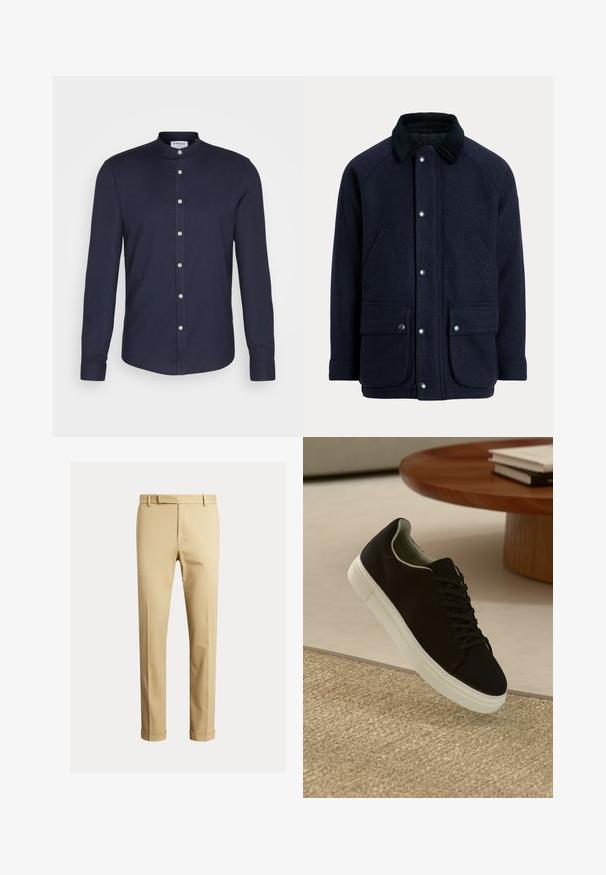 Tummansininen takki, joka on valmistettu teksturoidusta kankaasta. Siinä on puuvillakaulus, painonapit ja kaksi käytännöllistä etutaskua.; Tummansininen pitkähihainen paita, jossa on kauluskanta, etuvaihteen napitus ja kahden napin hihansuut. Valmistettu sileästä, teksturoidusta kankaasta.; Khaki chinos valmistettu pehmeästä puuvillakankaasta, joissa on istuva muotoilu, etupleiteet ja nilkassa olevat hihnat kapean ilmeen saavuttamiseksi.; Musta lenkkari, jossa on valkoinen pohja, kelluu vaaleanbeige texturoituneen maton yllä pyöreän puupöydän vieressä, jonka päällä on pinottu kirjoja.
