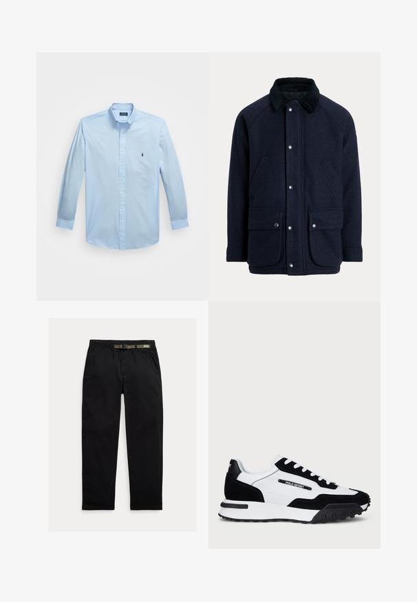 Casaco azul-marinho feito de tecido texturizado com gola de veludo cotelê, botões de pressão e dois bolsos frontais para maior praticidade.; Camisa de manga longa azul claro, com botões, feita de um tecido suave, apresentando um colarinho com botões e um pequeno logótipo bordado no lado esquerdo do peito.; Calças pretas feitas de um tecido leve, com uma cintura elástica com um cinto verde integrado, corte reto e bolsos laterais.; Ténis com um cabedal em camurça preta e pele branca, apresentando uma sola em borracha preta, atacadores brancos e um logo "POLO SPORT" na lateral.
