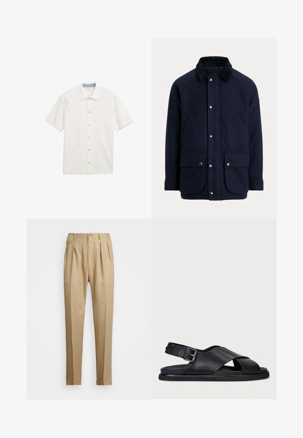 Cappotto blu navy in tessuto strutturato con colletto in velluto a costine, bottoni a pressione e due tasche anteriori per praticità.; Camicia a maniche corte con bottoni in tessuto bianco con un motivo testurizzato, dotata di colletto a punta e cinque bottoni beige lungo la parte anteriore.; Pantaloni in lino beige con taglio dritto, dotati di due pince anteriori, chiusura con bottone e tasche laterali. Tessuto testurizzato con una finitura liscia.; Polo Ralph Lauren ZANE LEATHER SANDAL - Sandali - black