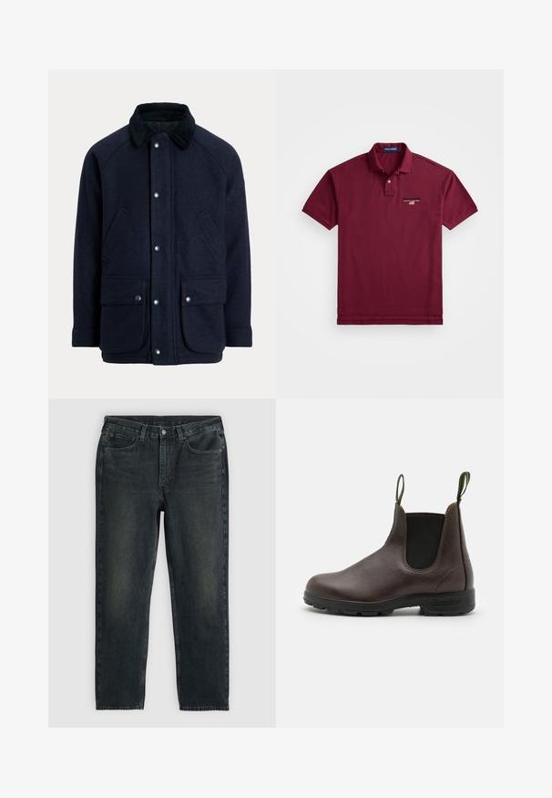 Tengerészkék kabát texturált anyagból, kordbársony gallérral, patentos gombokkal és két első zsebbel a praktikusság érdekében.; Bordó pólóing, pamutból készült, klasszikus gallérral, két gombos cipzárral és egy kis hímzett logóval a mellkason.; Sötétkék farmernadrág, egyenes fazonnal, ött zsebbel, cipzáras sliccel és kontrasztos varrással. A szövet enyhe kopása.; Barna bőr Chelsea csizma, elasztikus oldalsó paneleknek, húzófüleknek a tetején és tartós gumitalpnak köszönhetően, sima felülettel.