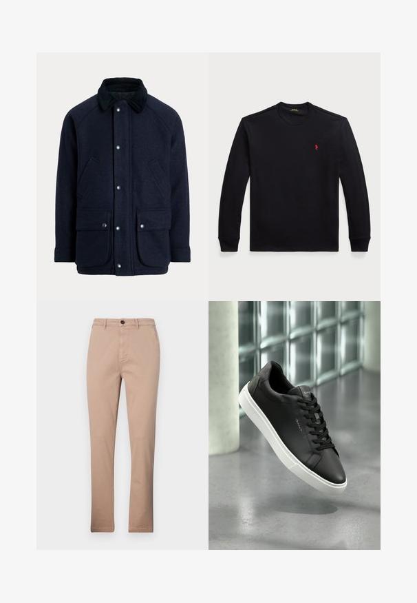 Tengerészkék kabát texturált anyagból, kordbársony gallérral, patentos gombokkal és két első zsebbel a praktikusság érdekében.; Hosszú ujjú fekete pamut póló, kerek nyakkivágással, apró piros logóval a mellrészen. Sima textúrájú és testhezálló szabású.; Beige színű pamut keverék chino nadrág, egyenes szárú dizájnnal, elülső zsebekkel és egy gombos záródással. Sima textúra.; Fekete bőr sportcipő fehér gumitalppal, kerek orral és fűzéssel. Simább felszínnel rendelkezik, és diszkrét márkázással a nyelvén.