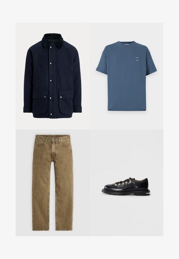 Tmavomodrý kabát z textúrovanej látky s kožúškovým golierom, cvakacími gombíkmi a dvoma prednými vreckami pre praktickosť.; Modrá bavlnená tričko s klasickým okrúhlym výstrihom, krátkymi rukávmi, voľným strihom a dvoma malými potlačenými logami na hrudi. Hladká textúra.; Svetlohnedé džínsy z denimu s rovnou nohavicou, s piatimi vreckami a mosadznými doplnkami. Textúrovaná tkanina s viditeľnými švami.; Čierne kožené nízkoprézy s hrubou podrážkou, kovovými očkami, ozdobnými striebornými šarmami na šnúrach a textúrovaným vzorom na podrážke.
