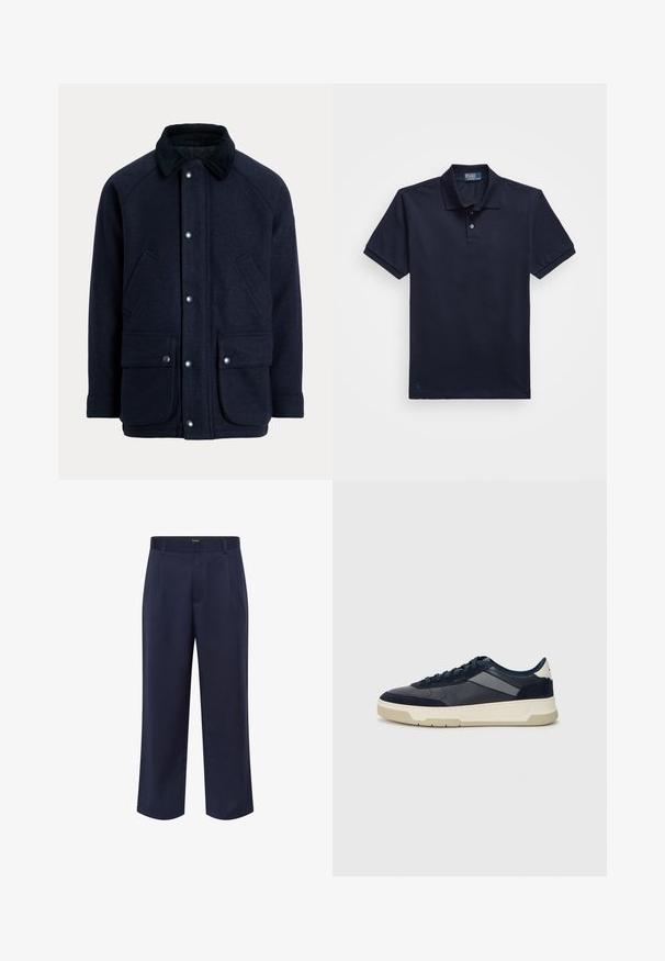 Tumesinine mantel tekstuurse kangaga, millel on tuhmlise kraega, trukkidega ja kaks eesmist taskut praktilisuse tagamiseks.; Tumedas sinine polo särk, mis on valmistatud tekstuurilisest kangast, kaheastmelise nööpide ridade ja väikese tikitud logoga hemmi juures. Lühikesed varrukad.; Tumesinine, kohandatud püksid kergest kangast. Omab sirget lühendatud sääre, vöörihmasid ja külgtaskuid.; BOSS BALTIMORE - Tossud - open blue