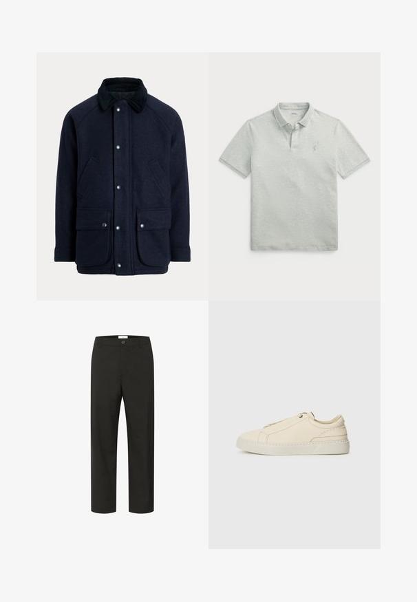 Tengerészkék kabát texturált anyagból, kordbársony gallérral, patentos gombokkal és két első zsebbel a praktikusság érdekében.; Férfi polo ing világosszürkében, keskeny vízszintes csíkokkal. Klasszikus gallérral és egy kis hímezett logóval a mellkasán.; Fekete nadrág sima textúrával, egyenes szárdizen, gombos záródással és övhurkokkal. Minimalista megjelenés jellemzi, látható minták nélkül.; Beige bőr sneaker, lekerekített orral, minimalista dizájnal, finom varrási részletekkel és texturált felsőrésszel, világos talpon.