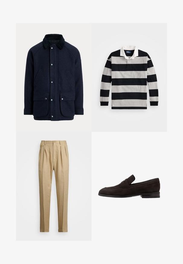 Navy blue coat made of textured fabric with a corduroy collar, snap buttons, and two front pockets for practicality.; Black and gray striped long-sleeve polo shirt with a white collar and a small logo accent on the lower hem. Soft cotton material.; Beige linen trousers with a straight cut, featuring two front pleats, a button closure, and side pockets. Textured fabric with a smooth finish.; Dark brown suede loafers with a flat sole, a stitched accent along the edge, and a small, raised band at the front.