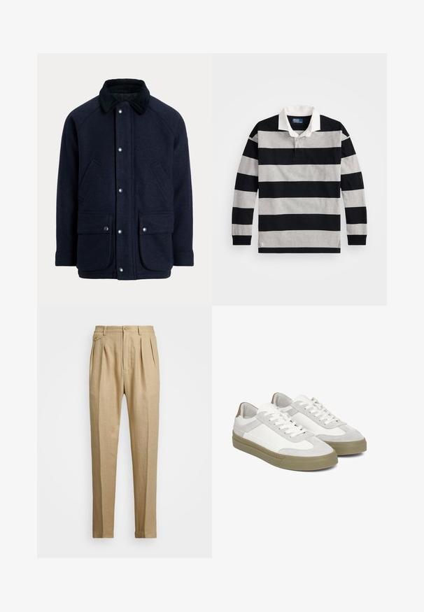 Tumesinine mantel tekstuurse kangaga, millel on tuhmlise kraega, trukkidega ja kaks eesmist taskut praktilisuse tagamiseks.; Mustriline musta ja halli pikakäistega polo särk, valge krae ja väike logoaktsent alumisel serval. Pehme puuvillane materjal.; Bežid linasest püksid sirge lõikega, kahel esisel peenral, nööbiga kinnitamisel ja küljetaskutega. Tekstuuritud kangas sileda viimistlusega.; Heledad hallide spordijalatsid, mis on valmistatud tekstureeritud nahast ja sametist. Omavad madalaid paelu ja kummist tallaga, millel on peene rohelise varjund.