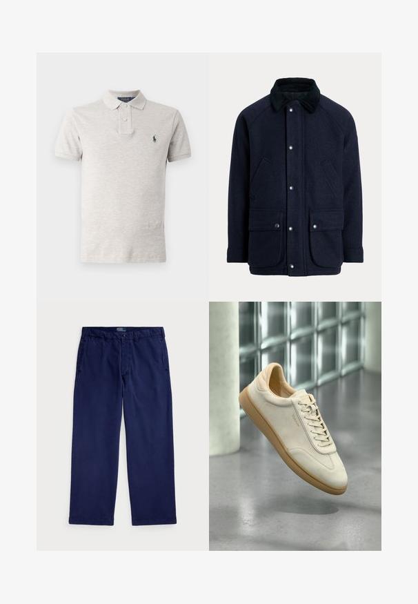 Námořnicky modrý kabát z texturované látky s manžetovým límcem, patentními knoflíky a dvěma předními kapsami pro praktičnost.; Světle šedé polo tričko vyrobené z bavlny, s klasickým límečkem, dvoupřehodovým zapínáním, krátkými rukávy a malým zeleným logem na hrudi.; Námořnické modré bavlněné chinos s rovnými nohavicemi, vybavené bočními kapsami a zapínáním na knoflík v pase. Hladká textura, klasický střih.; Béžová semišová teniska s strukturovanou podrážkou z gumy. Má ploché tkaničky, zaoblenou špičku a nenápadné logo na boku. Mírně polstrovaný límec.