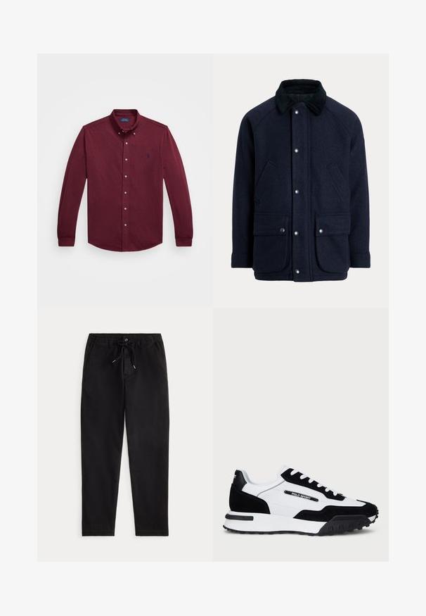 Casaco azul-marinho feito de tecido texturizado com gola de veludo cotelê, botões de pressão e dois bolsos frontais para maior praticidade.; Camisa de botão de manga longa bordeaux com colarinho, botões dianteiros e pequeno logótipo bordado azul marinho no lado esquerdo do peito.; Calças casuais pretas com cintura elástica, cordão de ajuste, botão frontal e bolsos laterais, exibidas sobre um fundo simples.; Ténis com um cabedal em camurça preta e pele branca, apresentando uma sola em borracha preta, atacadores brancos e um logo "POLO SPORT" na lateral.