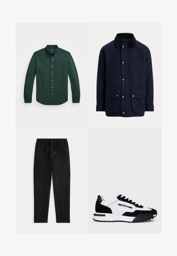 Casaco azul-marinho feito de tecido texturizado com gola de veludo cotelê, botões de pressão e dois bolsos frontais para maior praticidade.; Camisa de botão de manga comprida verde escura com colarinho abotoado e pequeno logótipo bordado no lado esquerdo do peito, em fundo branco.; Calças casuais pretas com cintura elástica, cordão de ajuste, botão frontal e bolsos laterais, exibidas sobre um fundo simples.; Ténis com um cabedal em camurça preta e pele branca, apresentando uma sola em borracha preta, atacadores brancos e um logo "POLO SPORT" na lateral.