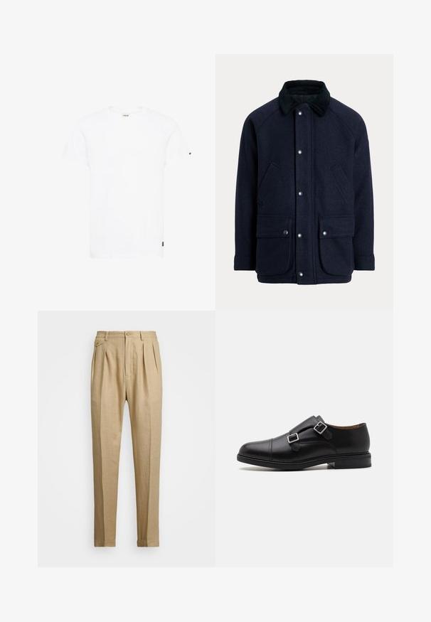 Marineblauer Mantel aus strukturiertem Stoff mit einem Cordkragen, Druckknöpfen und zwei praktischen Fronttaschen.; Weißes Baumwoll-T-Shirt mit Rundhalsausschnitt, kurzen Ärmeln und geradem Schnitt. Verfügt über ein kleines schwarzes Logo am linken Ärmel.; Beige Leinenhose mit geradem Schnitt, ausgestattet mit zwei vorderen Falten, einem Knopfverschluss und seitlichen Taschen. Strukturierter Stoff mit glatter Oberfläche.; Schwarze Leder-Halbschuh mit doppeltem Schnallenverschluss, abgerundeter Zehenpartie, dezenter Naht und flacher, strukturiertem Gummisohle.