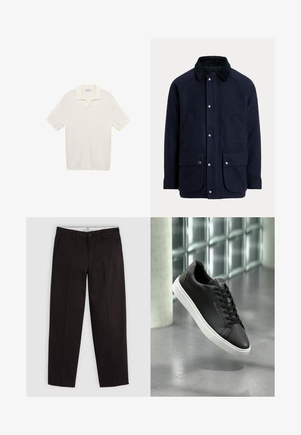 Námořnicky modrý kabát z texturované látky s manžetovým límcem, patentními knoflíky a dvěma předními kapsami pro praktičnost.; Bílé polo tričko s krátkým rukávem a texturovaným pleteným vzorem, s malým límečkem a polo zavíráním na knoflíky. Jednoduchý a minimalistický design.; Černé chinos s rovnými nohavicemi, poutky na opasek, knoflíkovým zapínáním a bočními kapsami, vystavené na světle šedém pozadí.; Černé kožené tenisky s bílou gumovou podrážkou, kulatou špičkou a šněrováním. Mají hladkou strukturu a decentní branding na jazyku.