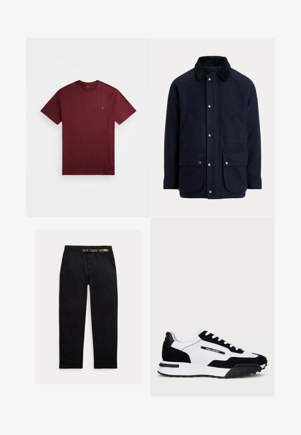 Námořnicky modrý kabát z texturované látky s manžetovým límcem, patentními knoflíky a dvěma předními kapsami pro praktičnost.; Burgundská bavlněná tričko s krátkými rukávy, kulatým výstřihem a malým zeleným logem vyšitým na levé hrudi. Hladká textura.; Černé kalhoty vyrobené z lehkého materiálu, s elastickým pasem a integrovaným zeleným páskem, rovného střihu a bočními kapsami.; Tenisky s černým semišem a bílou koženou svrchní částí, s černou gumovou podrážkou, bílými tkaničkami a logem "POLO SPORT" na boku.