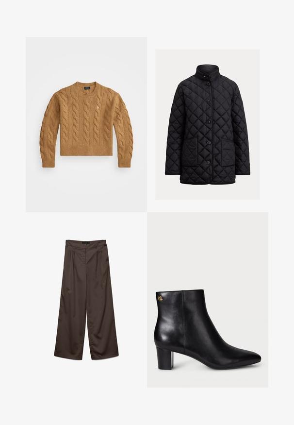 Jachetă neagră matlasată, cu guler înalt, cinci butoane frontale și două buzunare laterale. Prezintă cusături în formă de diamant pentru un plus de textură.; Pulover din tricot cu model canalé de culoare maronie, cu decolteu rotund, mansete și tiv cu textură ribbată, având un mic logo pe piept, confecționat dintr-un material texturat.; Pantaloni cu croi larg dintr-un material maro închis cu o textură netedă. Caracteristicile includ plii în față și un talie standard.; Botine negre din piele cu vârful ascuțit și toc bloc. Prezintă un detaliu cu logo auriu în partea din spate. Textură netedă cu un design elegant.