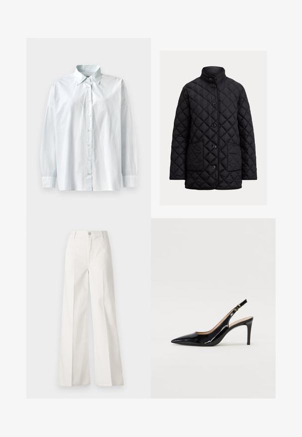 Fekete steppelt dzseki magas gallérral, öt elülső gombbal és két oldalsó zsebbel. Rombusz alakú steppelés jellemzi, ami extra textúrát ad.; Fénykék gombos ing klasszikus gallérral, hosszú ujjakkal és laza szabással. Simán fényes anyagból készült.; Fehér, bővebb nadrág, amely pamutból készült, sima textúrával. Elöl gombbal, cipzáras záródással és négy zsebes kialakítással rendelkezik.; Fekete lakk bőr kötött magassarkú cipő, hegyes orral és karcsú sarokkal, finom kivágásos dizájnnal. Az övön arany csatt található.