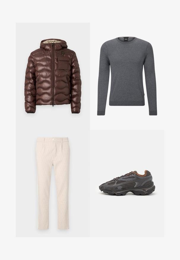 Braune Pufferjacke mit Kapuze, gesteppter Design und einem Frontreißverschluss. Verfügt über eine Brusttasche und seitliche Reißverschlusstaschen mit elastischen Bündchen.; Grau gestrickter Rundhalspulli aus weichem Strickstoff. Er verfügt über lange Ärmel, gerippte Bündchen und Saum sowie ein kleines Logotag an der Seite.; Beige gemusterte Hose mit dezentem Blattmuster, gut geschnitten, mit Knopfverschluss und Seitentaschen. Glatte Stofftextur.; Lacoste Sneaker in Dunkelgrau aus Mesh und Synthetikmaterial, mit einer strukturierten Sohle und braunen Akzenten am Kragen und Logo.