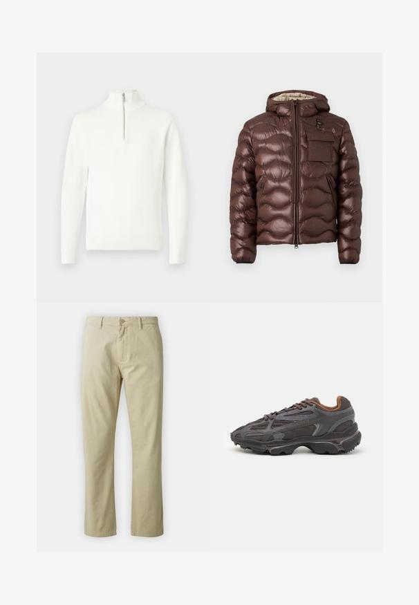 Brown puffer jacket with a hood, quilted design, and a front zipper. Features a chest pocket and side zip pockets with elastic cuffs.; White ribbed knit sweater with long sleeves and a half-zip high collar, shown flat on a light background.; Beige cotton trousers with a straight-leg design, front button closure, and belt loops. Smooth texture, no visible patterns or accents.; Lacoste sneakers in dark gray with mesh and synthetic material, featuring a textured sole and brown accents on the collar and branding.