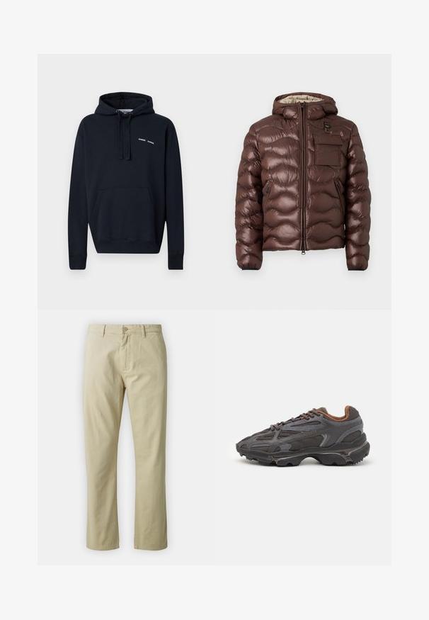 Brown puffer jacket with a hood, quilted design, and a front zipper. Features a chest pocket and side zip pockets with elastic cuffs.; Navy blue hoodie made of cotton, featuring a front kangaroo pocket, adjustable drawstrings, and minimal logo detail on the chest.; Beige cotton trousers with a straight-leg design, front button closure, and belt loops. Smooth texture, no visible patterns or accents.; Lacoste sneakers in dark gray with mesh and synthetic material, featuring a textured sole and brown accents on the collar and branding.
