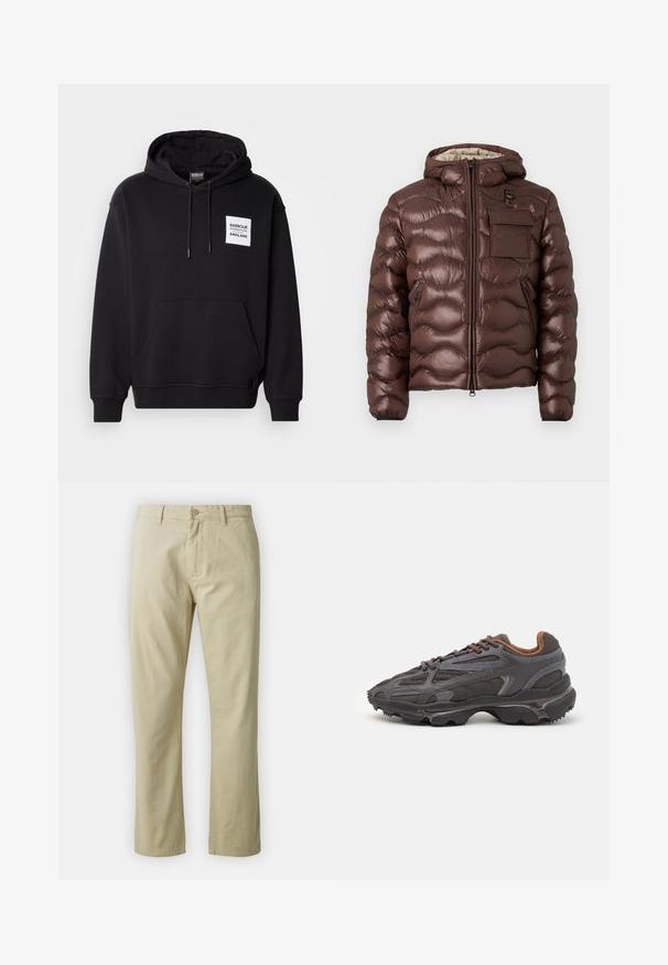 Brown puffer jacket with a hood, quilted design, and a front zipper. Features a chest pocket and side zip pockets with elastic cuffs.; Barbour International MICRO BLOCK GRAPHIC HOODIE - Sweatshirt - black; Beige cotton trousers with a straight-leg design, front button closure, and belt loops. Smooth texture, no visible patterns or accents.; Lacoste sneakers in dark gray with mesh and synthetic material, featuring a textured sole and brown accents on the collar and branding.